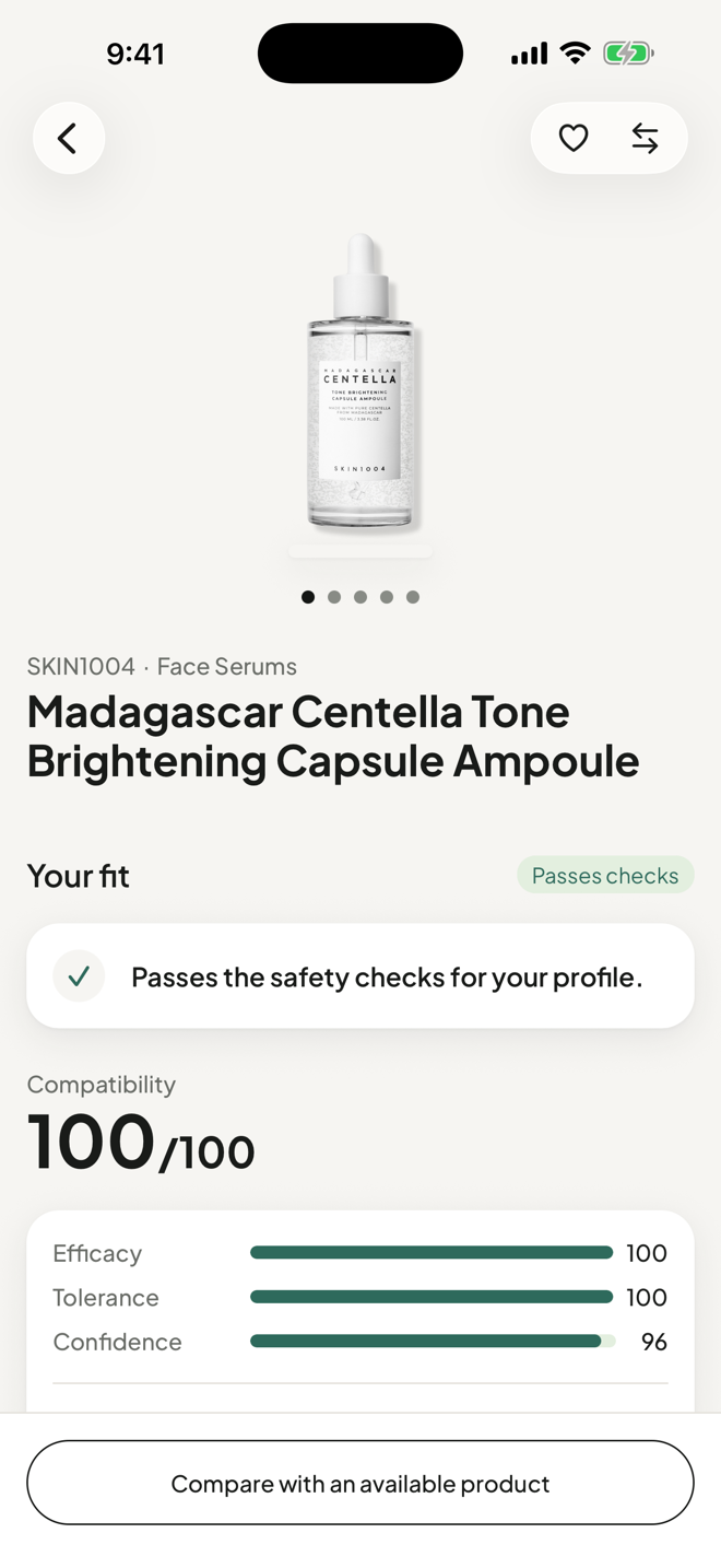 Product fit screen: compatibility 100 out of 100