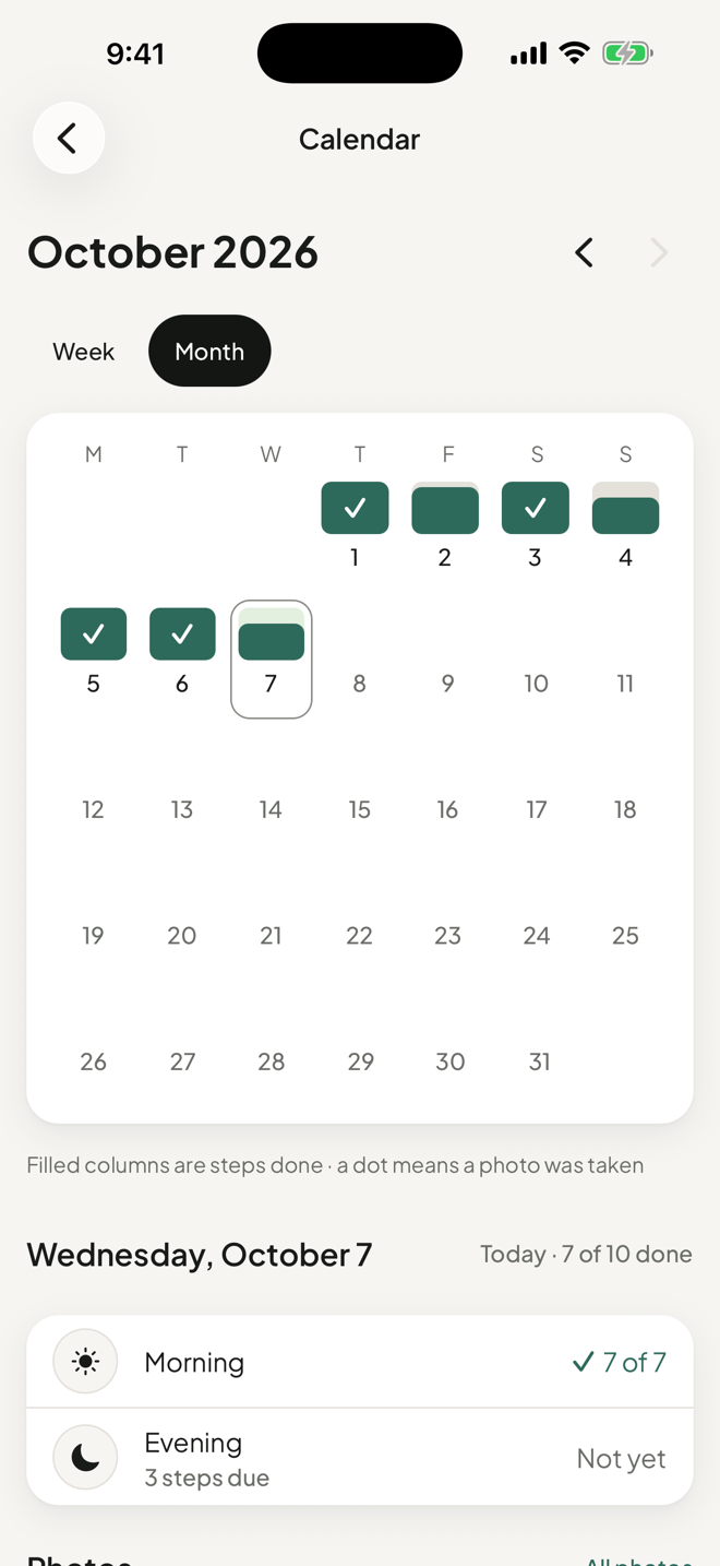 Calendar for October 2026 with completed days, and today's morning and evening progress